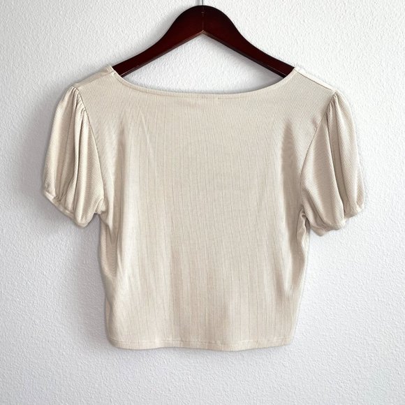 Cotton On Beige Ribbed Puff Sleeve Crop Top - Picture 6 of 12